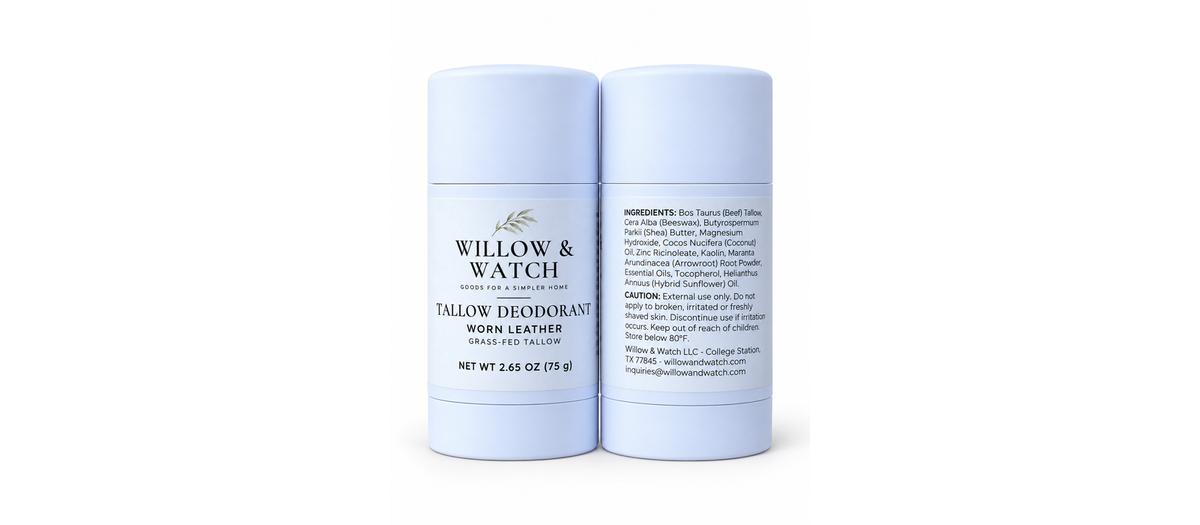 Willow & Watch tallow deodorant, front and back of the tube showing the ingredient list
