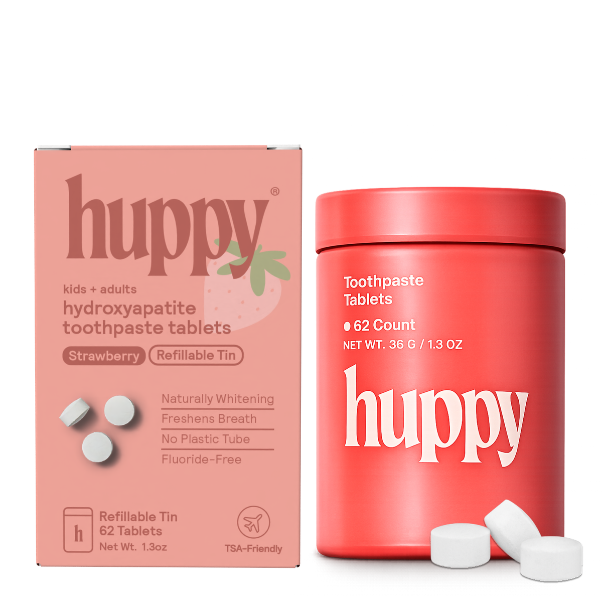 Huppy Fluoride-Free Toothpaste Tablets, Strawberry (Tin)