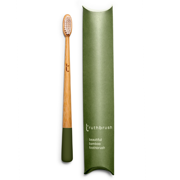 Truthbrush bamboo toothbrush in Moss Green with medium castor-oil bristles