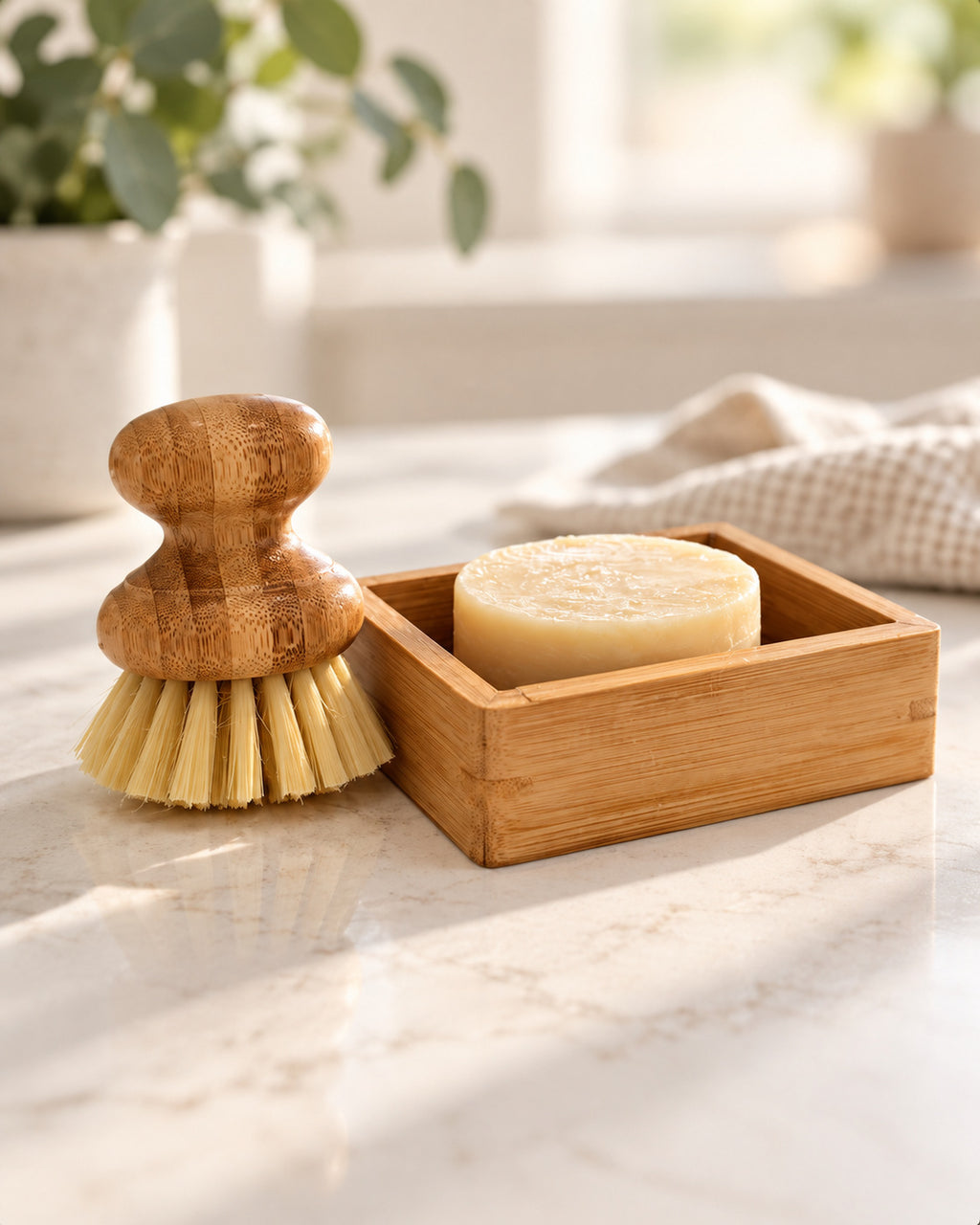 Kitchen Sink Set on a kitchen counter: kitchen soap puck in a bamboo tray beside a bamboo dish brush