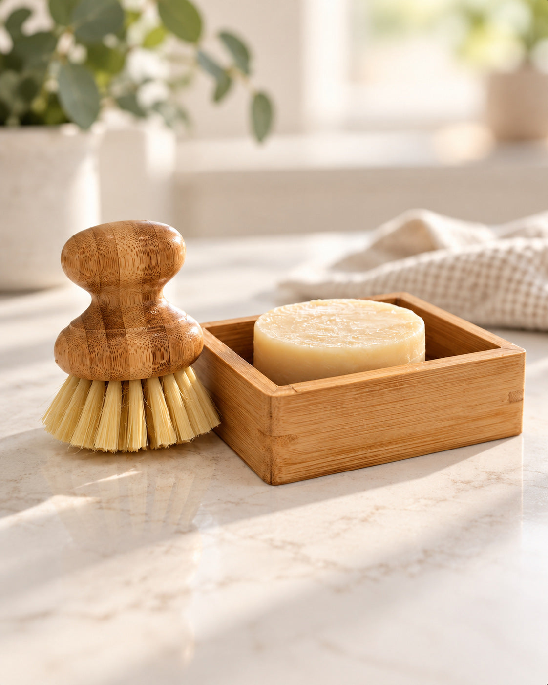 Kitchen Sink Set on a kitchen counter: kitchen soap puck in a bamboo tray beside a bamboo dish brush