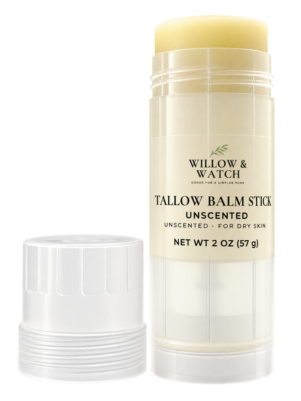 Willow & Watch Tallow Balm Stick, unscented, with the cap off and the balm raised