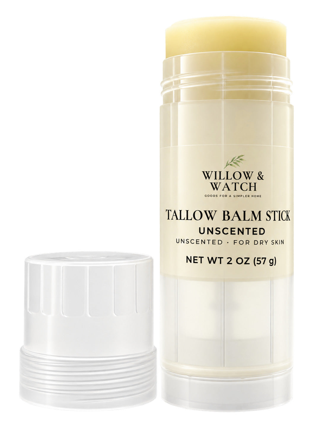 Willow & Watch Tallow Balm Stick, unscented, with the cap off and the balm raised